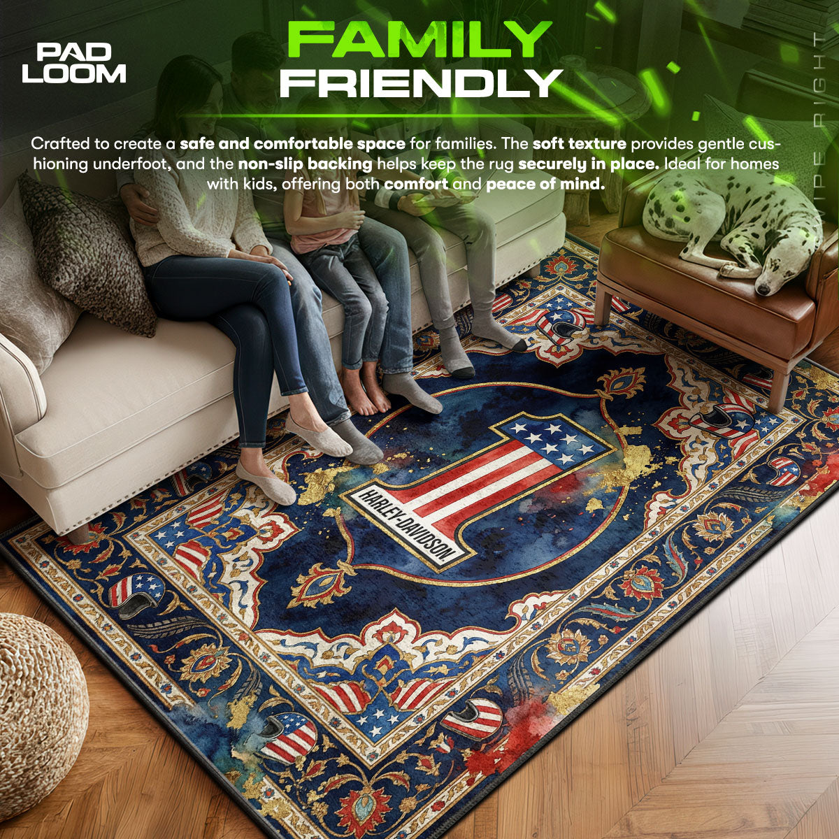Harley area rug showing full home decor artwork