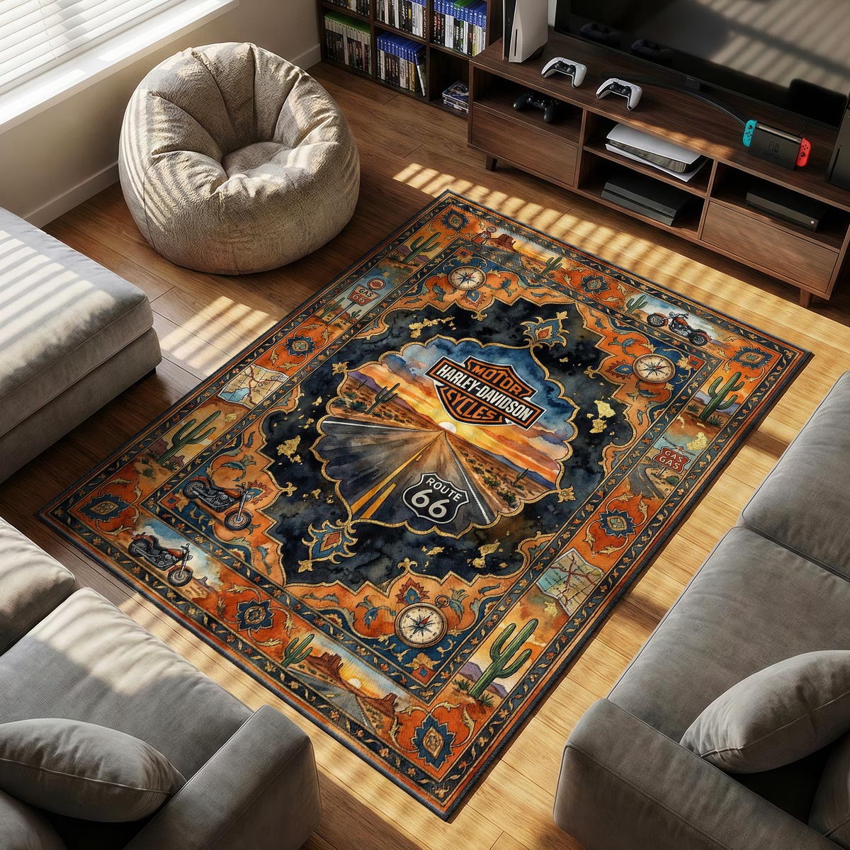 Harley Davidson themed area rug for home decor fans