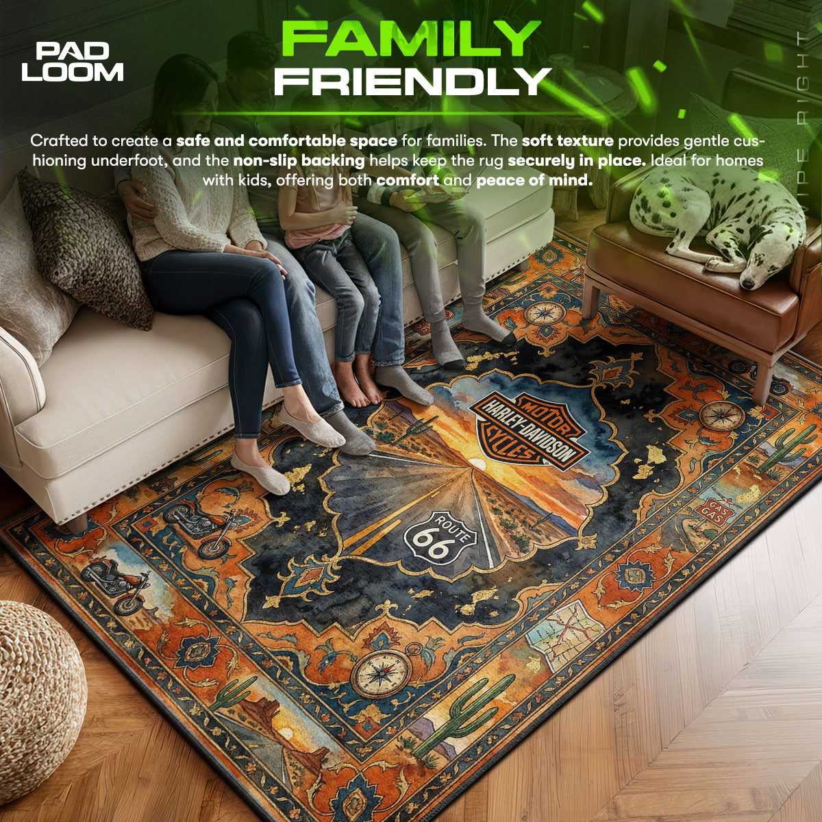 Harley area rug showing full home decor artwork