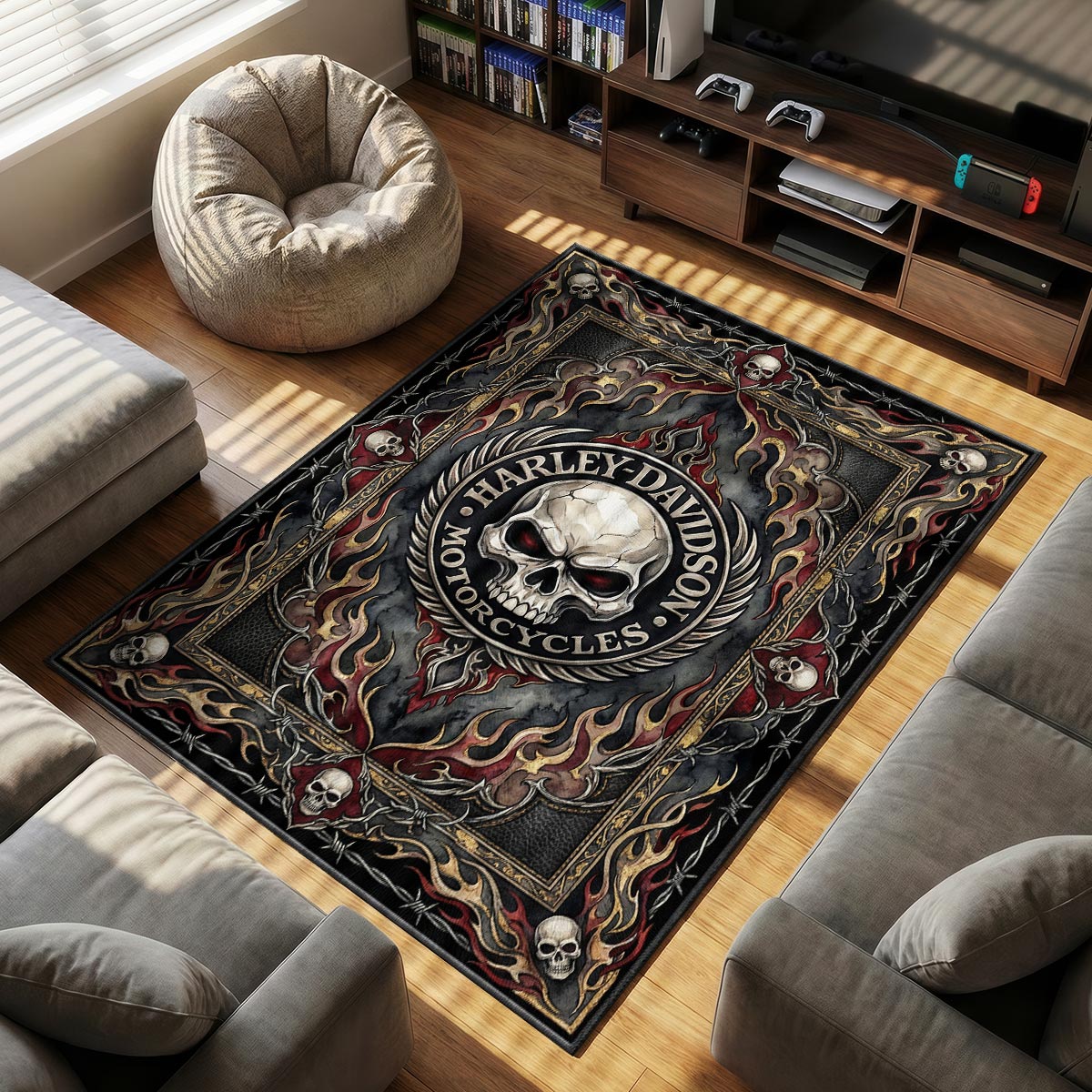 Harley Davidson themed area rug for home decor fans