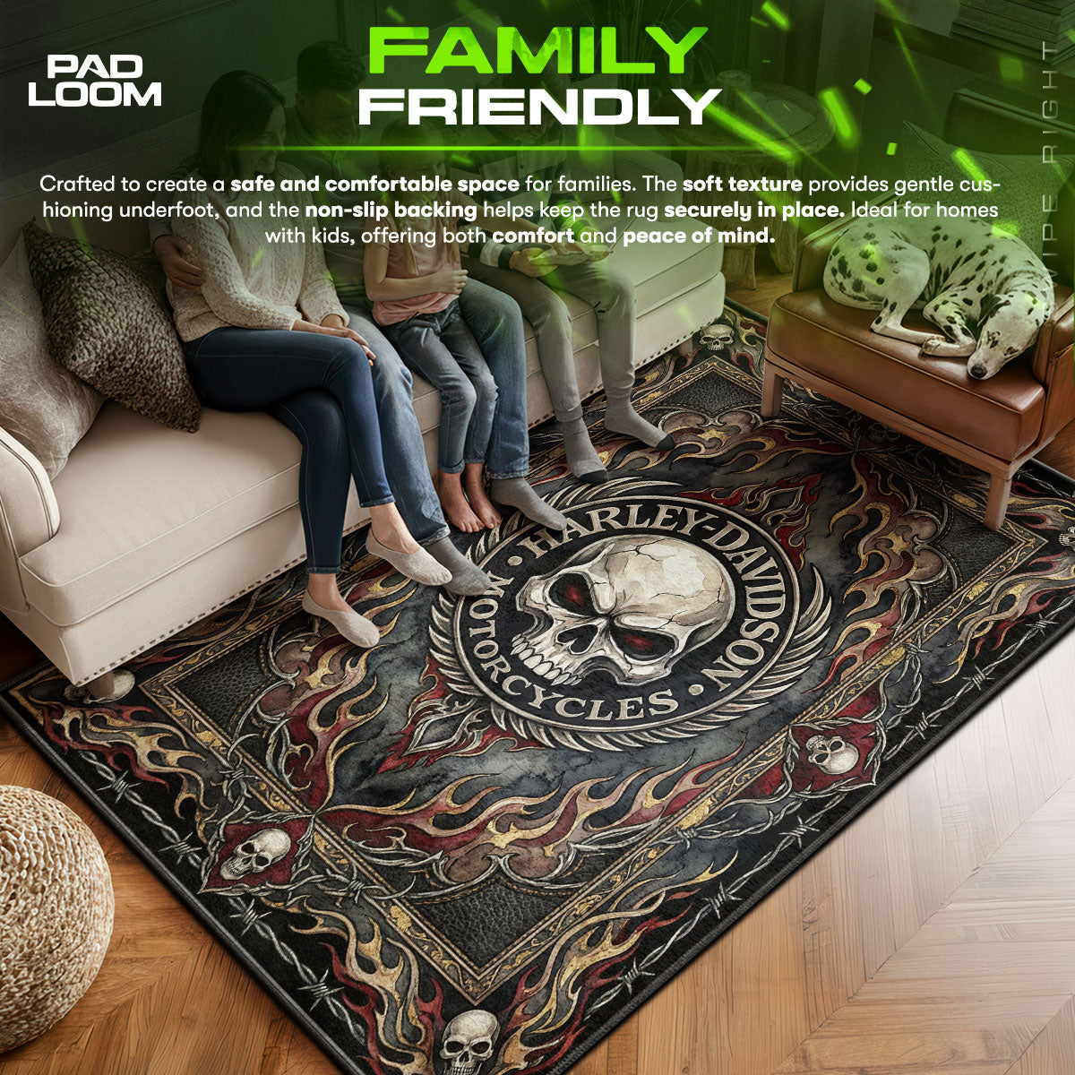 Harley area rug showing full home decor artwork