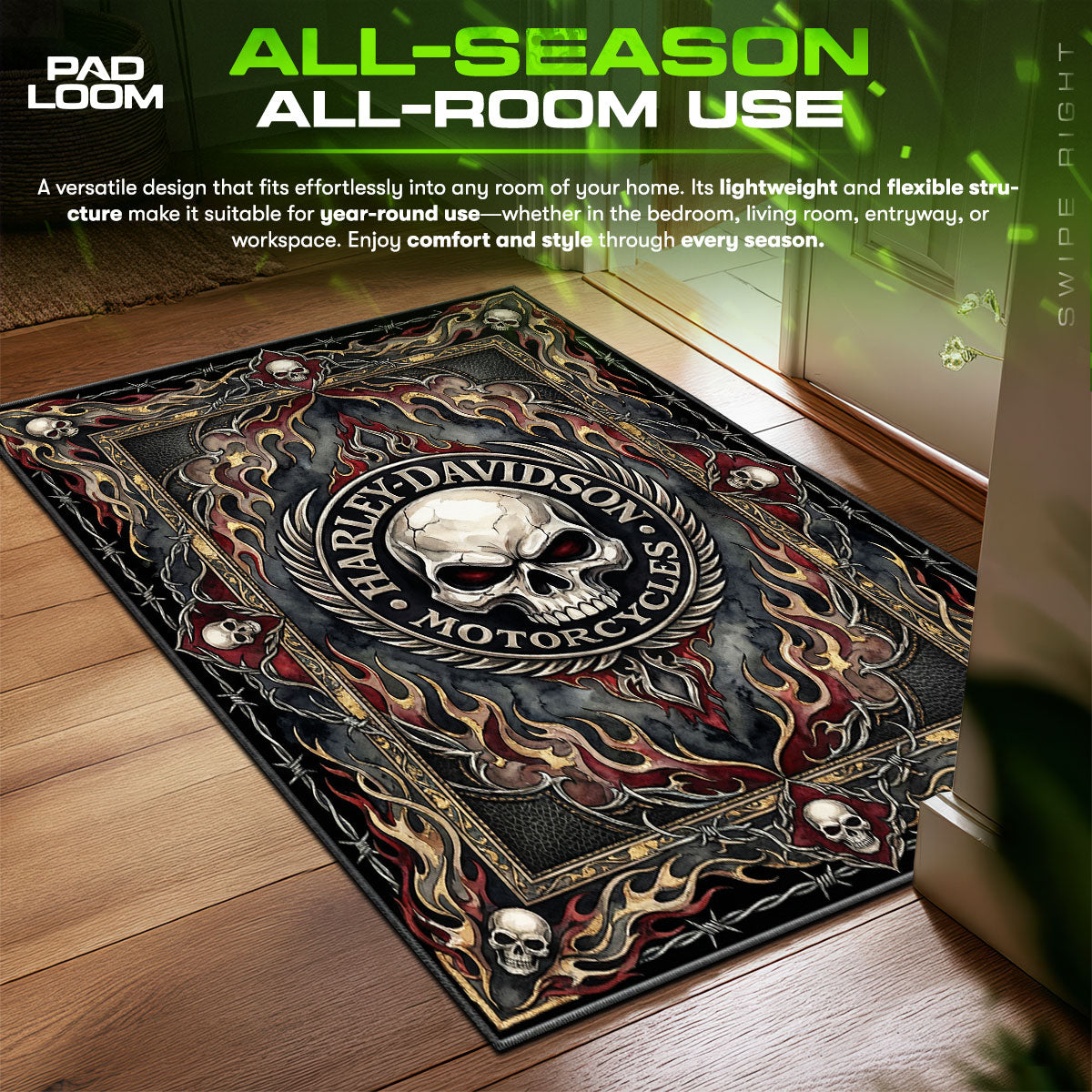 Harley Davidson Skull Flame Biker Floor fan rug — premium quality print