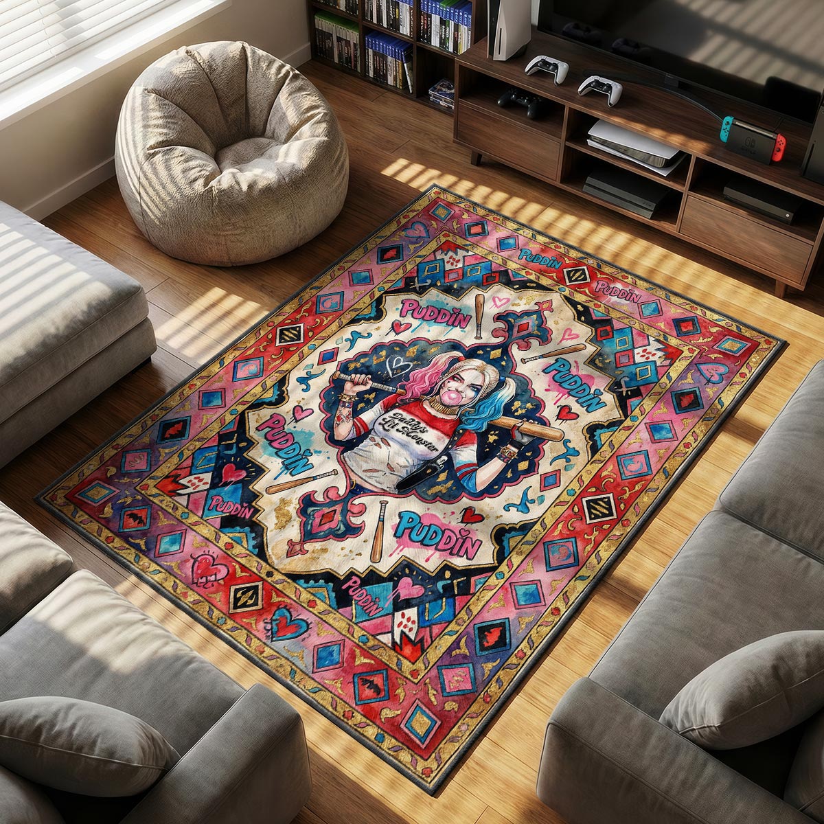 Harley Quinn themed area rug for home decor fans