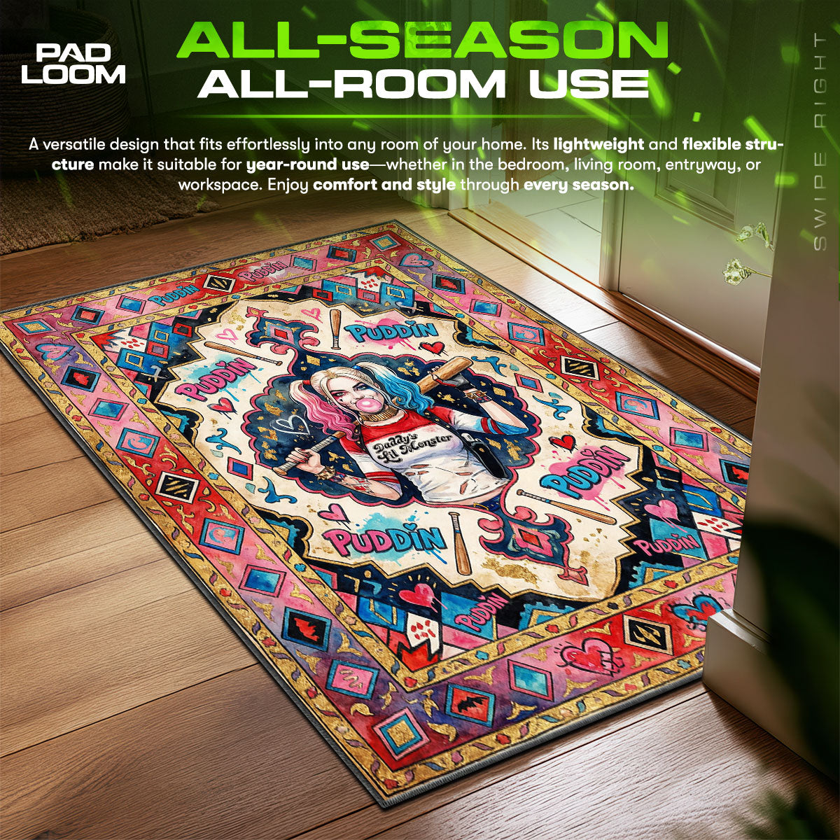 Harley Quinn Puddin Tapestry Suicide Squad Room fan rug — premium quality print