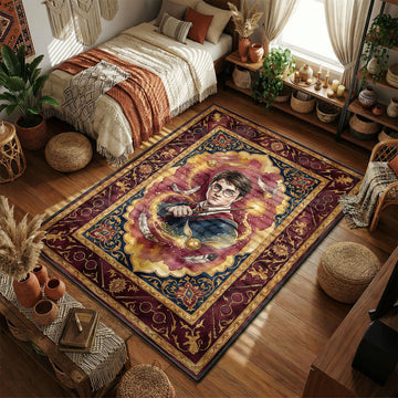 Harry Potter casting a spell with golden snitches and feathers in a vintage watercolor tapestry art style movie themed area rug and home theater mat