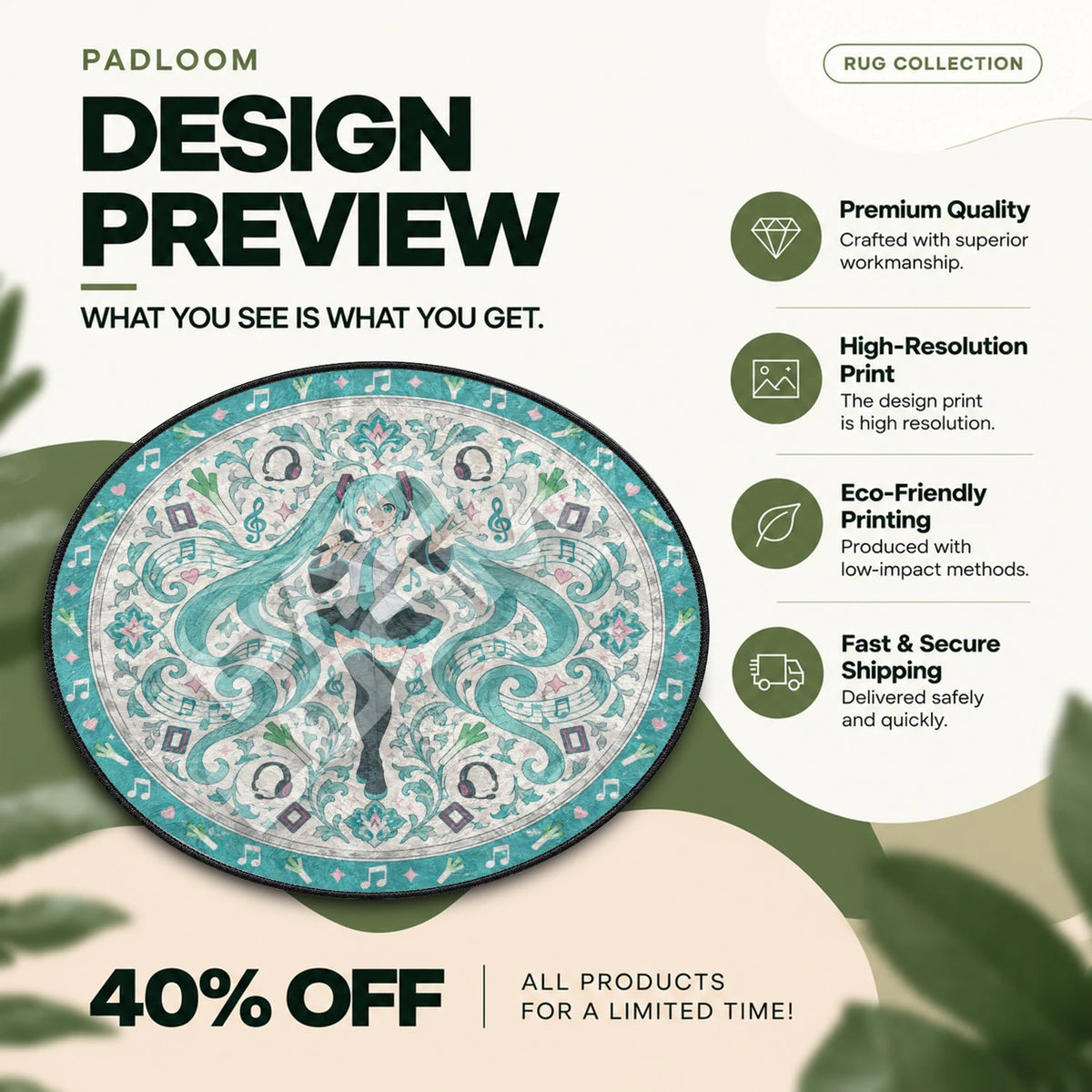Hatsune Miku Singing Vocaloid round rug full design preview