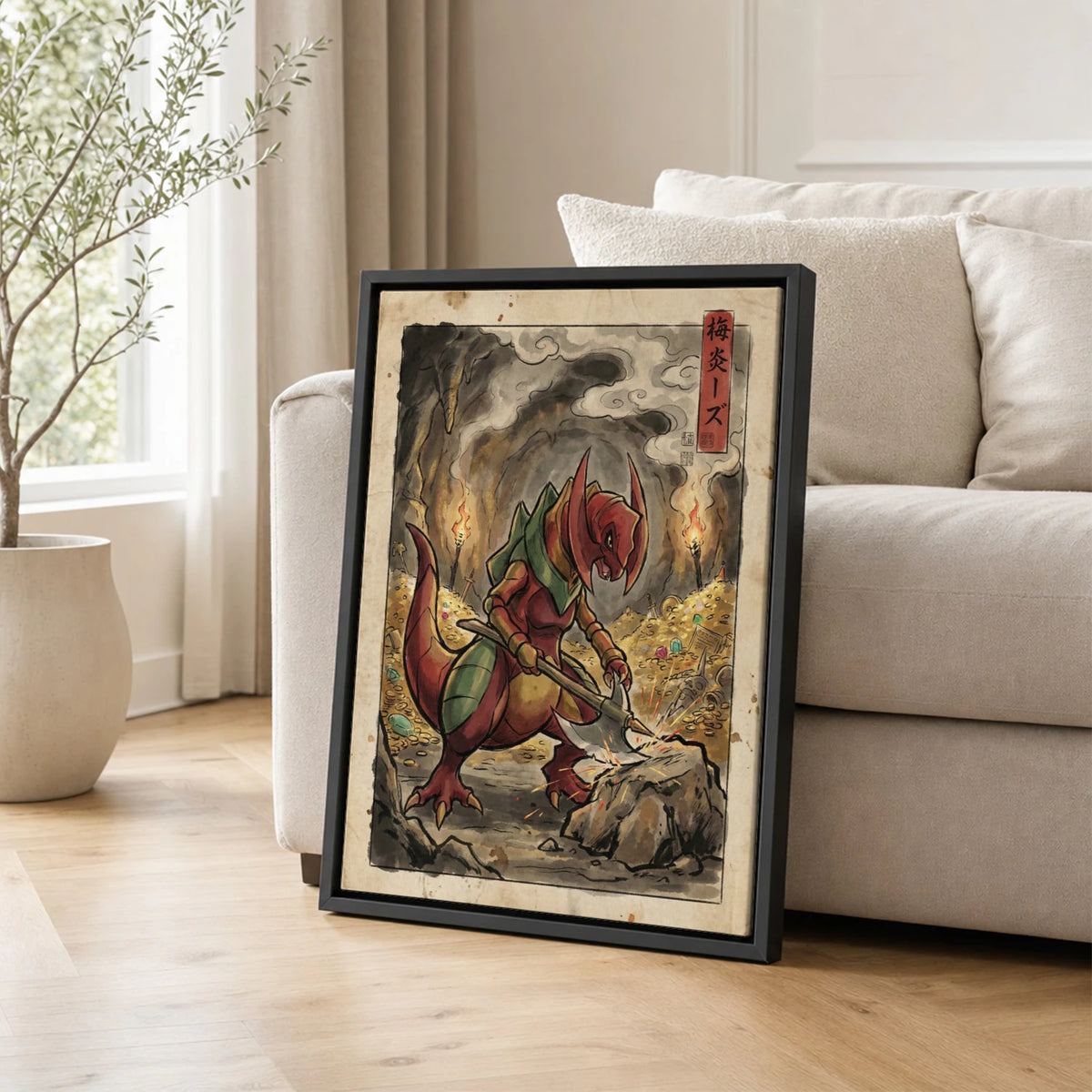 Haxorus Treasure Pokemon poster leaning beside a sofa - living room wall art