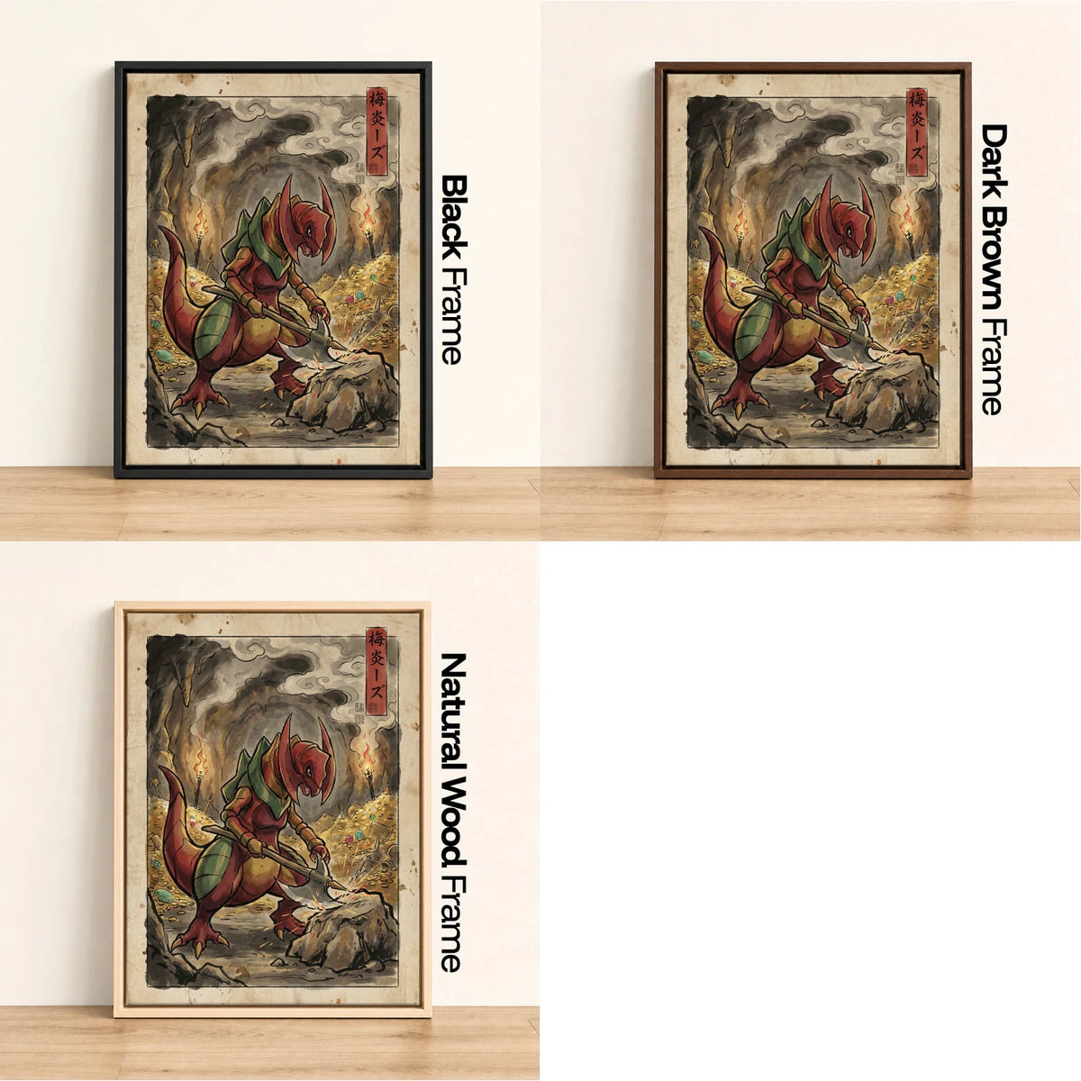 Haxorus Treasure Pokemon wall art - black, dark brown and natural wood frame options