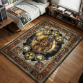 Rust Hazmat survivor holding torch and spiked club in industrial steampunk border art style gaming area rug and floor mat