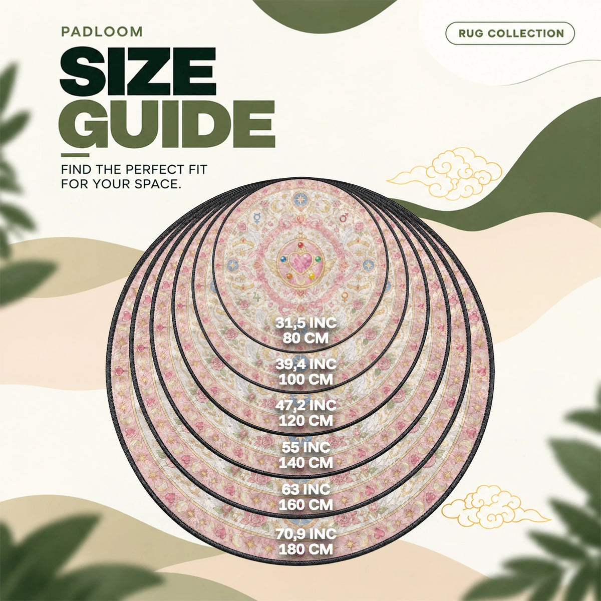 Heart Brooch Medallion round rug size guide, 80 to 180 cm (31.5 to 70.9 in)