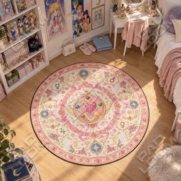 Heart Brooch Medallion Sailor Moon round rug on a bedroom floor - Sailor Moon chair mat