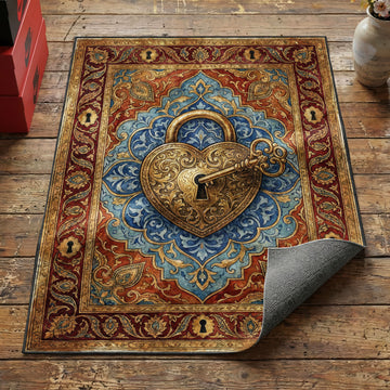 Valentine's heart lock and key area rug with golden padlock on blue and crimson scrollwork field