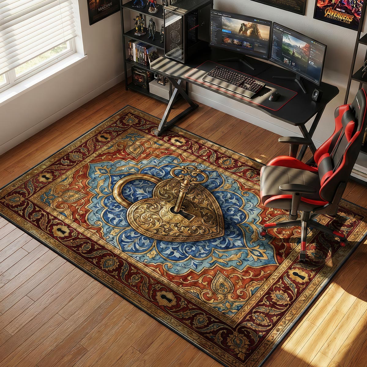 Heart lock rug placed in a warm bedroom with brass fixtures and candlelight ambiance