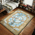 Heavenly sneaker creation rug with blue sky clouds, gold baroque frame, angel wings, and floating sneaker motif
