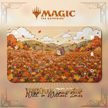 Hedgehog Autumn MTG playmat, orange and beige art with play zones, 24 x 14 in