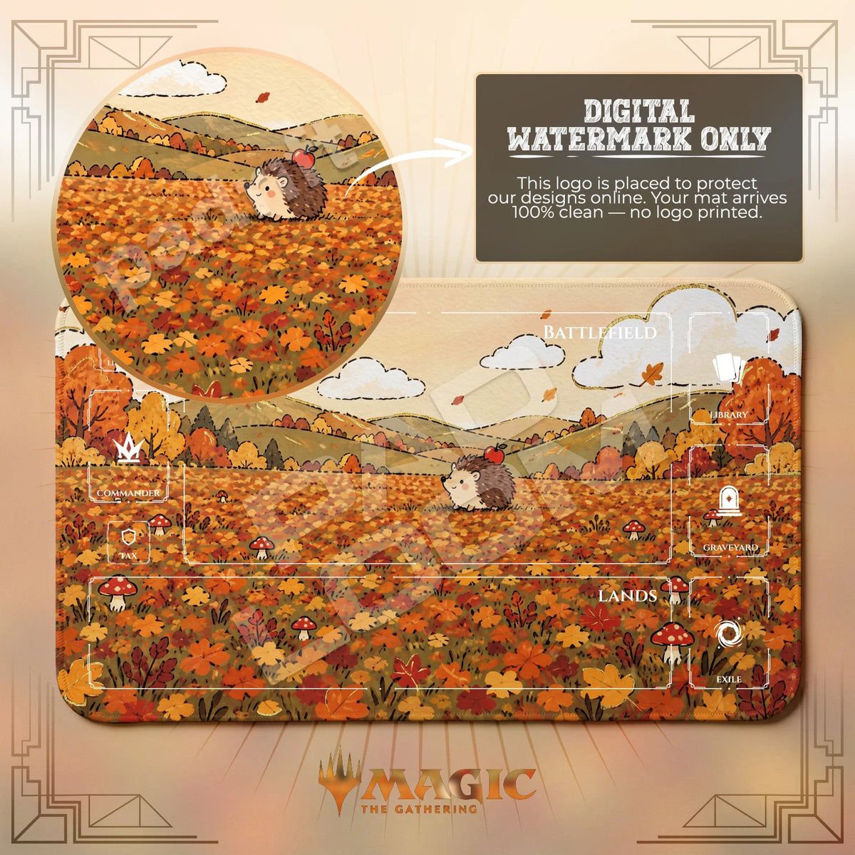 Hedgehog Autumn MTG playmat with zones; the Padloom watermark is digital only, not printed