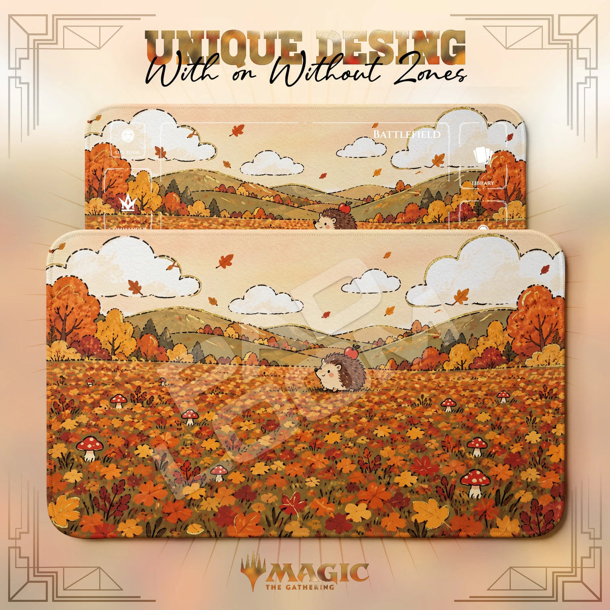 Hedgehog Autumn MTG playmat shown with zones and without zones
