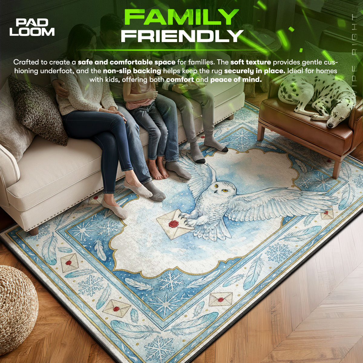 Hedwig area rug showing full home decor artwork