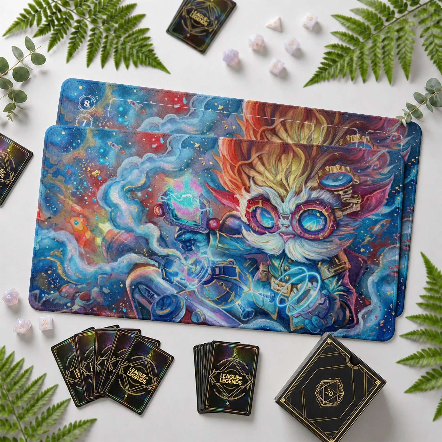 Heimerdinger Cosmos Riftbound TCG playmat with card zones and score track – LoL game mat