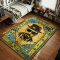 Walter White Heisenberg surrounded by blue meth crystals and chemistry equipment vintage ornate art style movie themed area rug and home theater mat