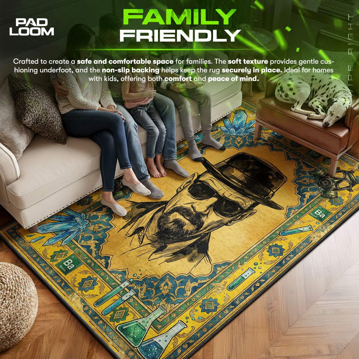 Heisenberg area rug showing full home decor artwork