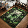Hela Goddess of Death summoning green necroswords and flames in a dark fantasy comic style gaming area rug and floor mat