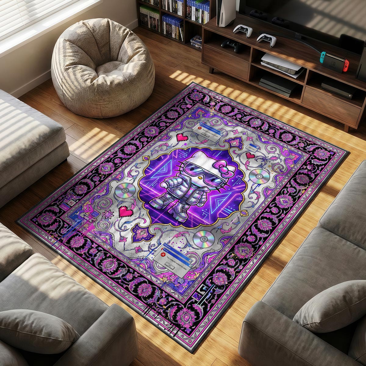 Hello Kitty themed area rug for Cyberpunk fans