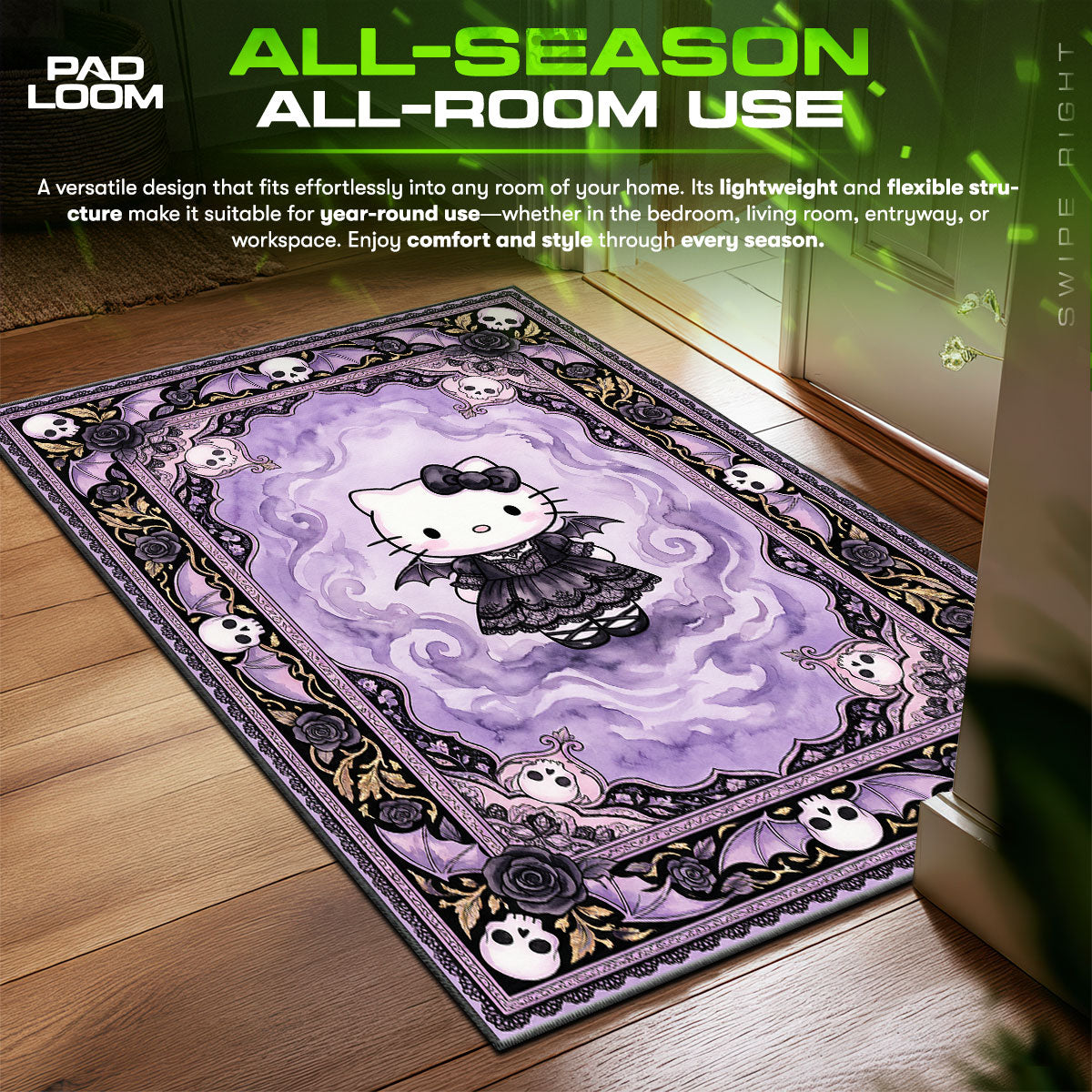 Hello area rug showing full Gothic artwork