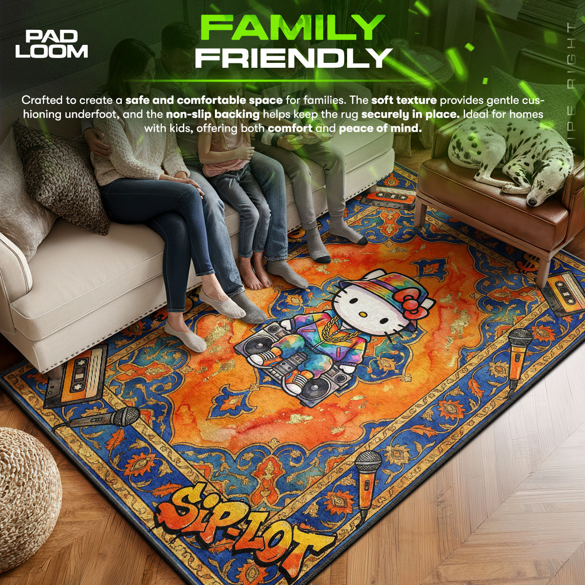 Hello area rug showing full home decor artwork