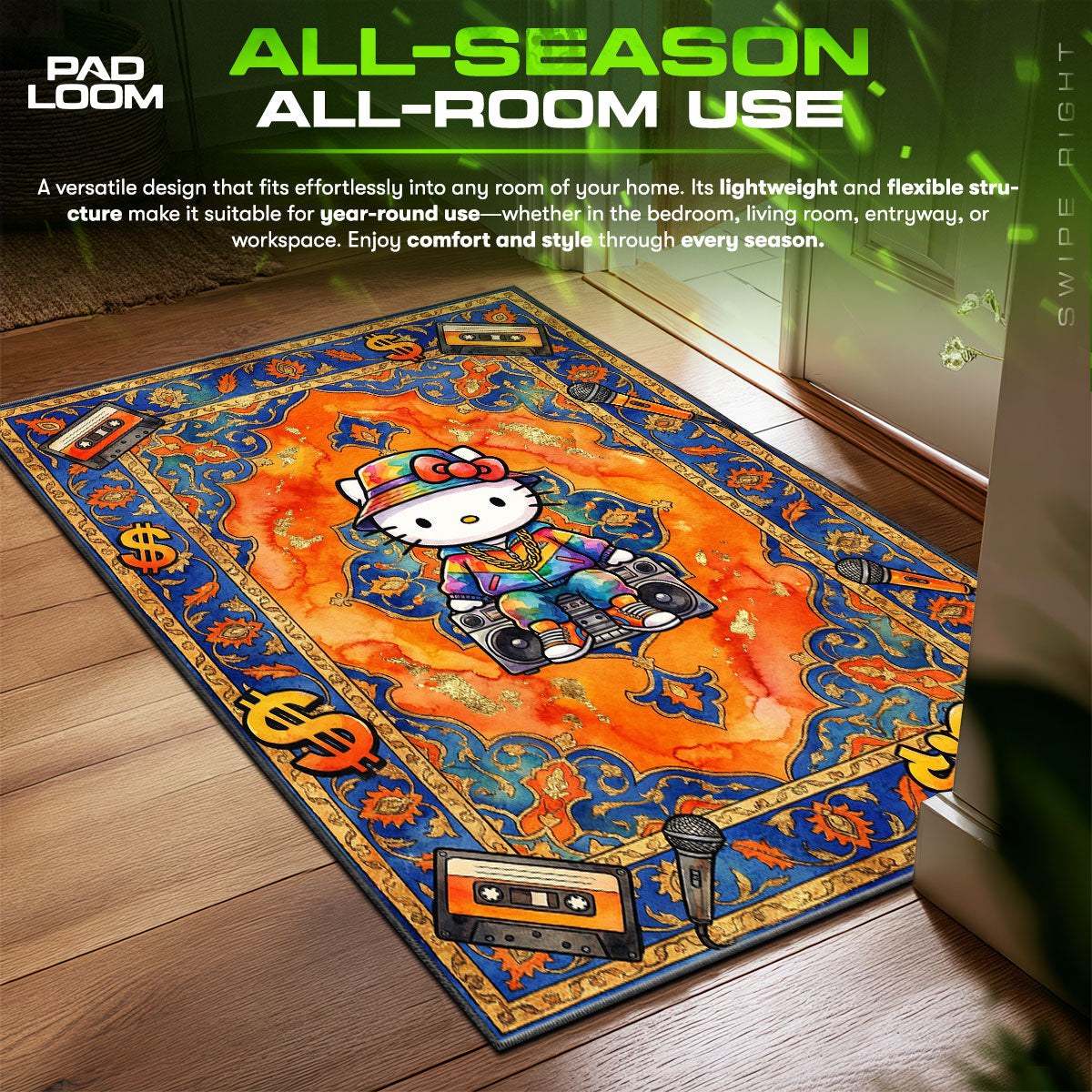Hello Kitty Hip Hop Kids Room Floor fan rug — premium quality print