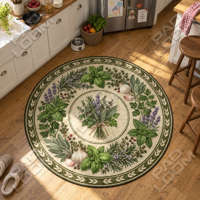 Herb Wreath Round Rug - Botanical Circle Area Rug