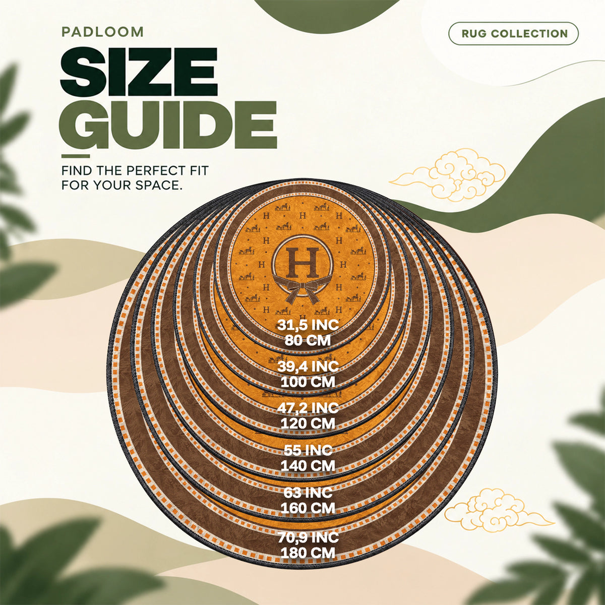 Hermes Carriage round rug size guide, 80 to 180 cm (31.5 to 70.9 in)