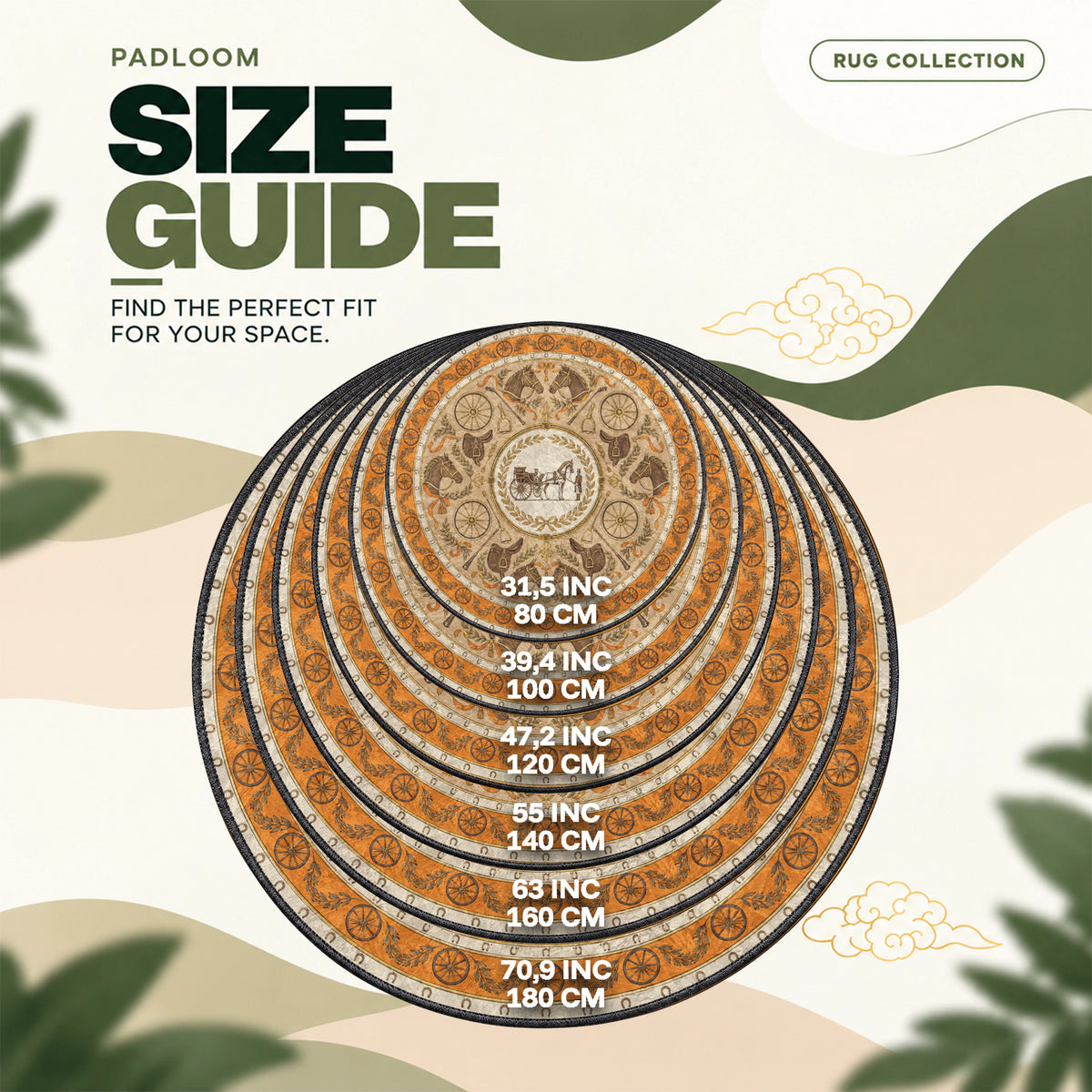 Hermes Horseshoe round rug size guide, 80 to 180 cm (31.5 to 70.9 in)