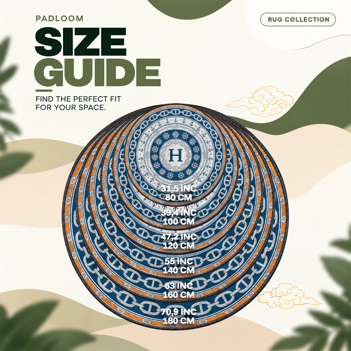 Hermes Nautical round rug size guide, 80 to 180 cm (31.5 to 70.9 in)