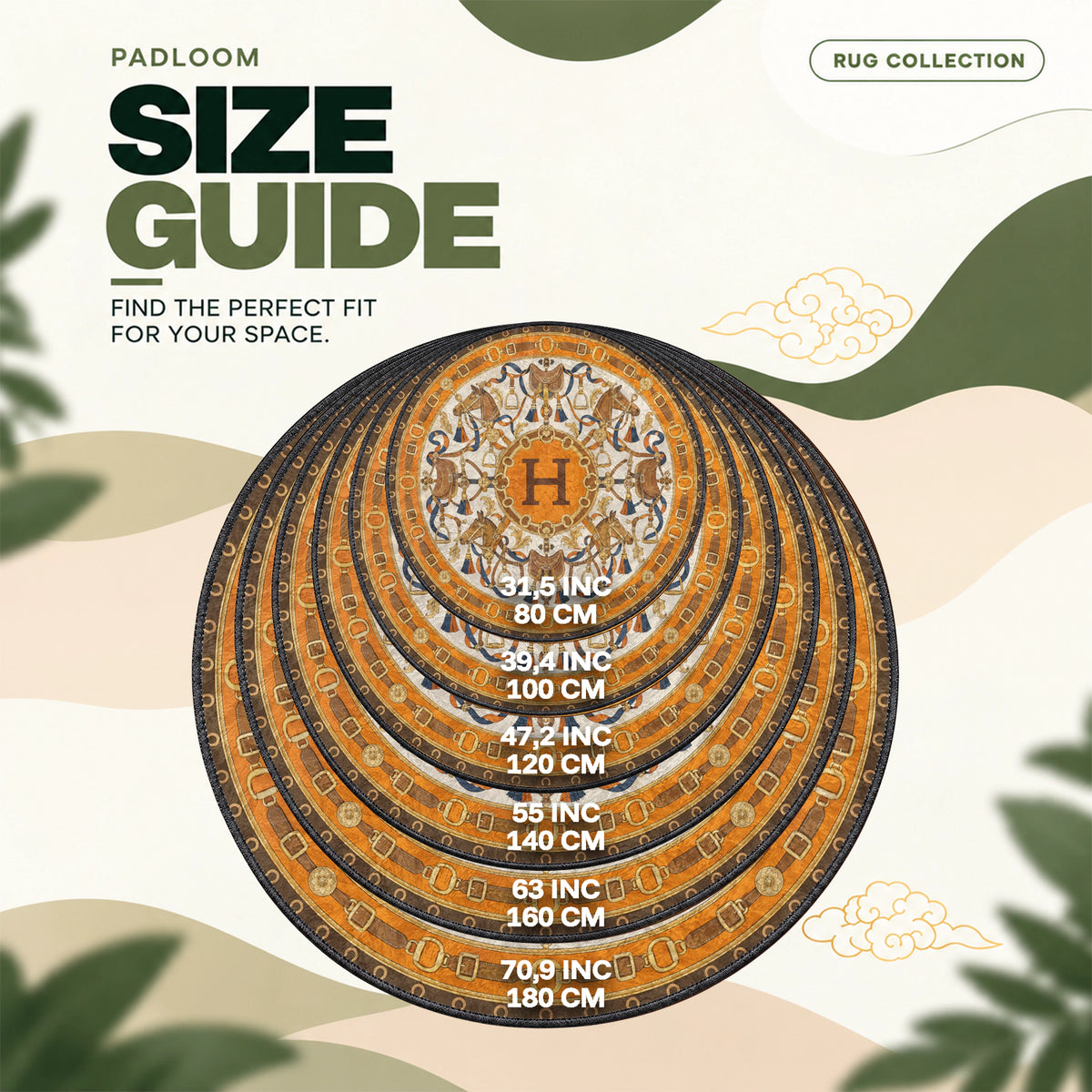 Hermes Saddle round rug size guide, 80 to 180 cm (31.5 to 70.9 in)
