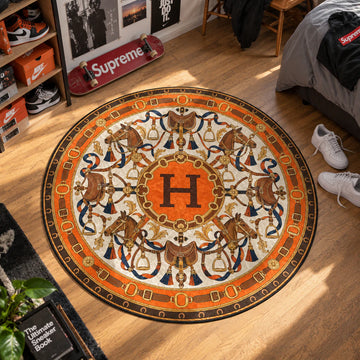 Hermes Saddle hypebeast round rug on a bedroom floor - hypebeast chair mat