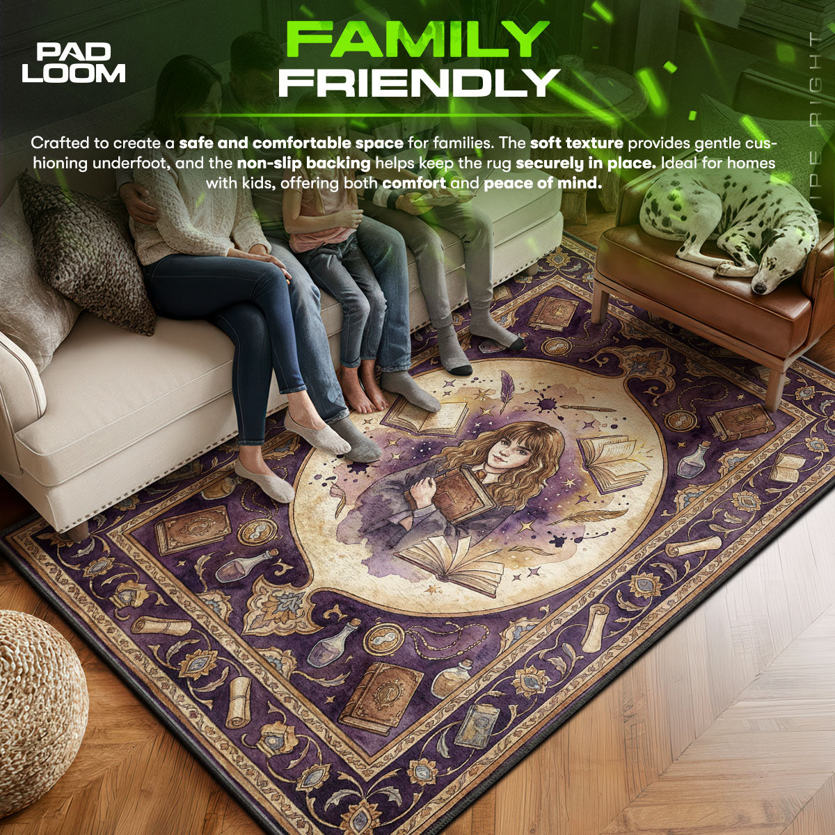 Hermione area rug showing full home decor artwork