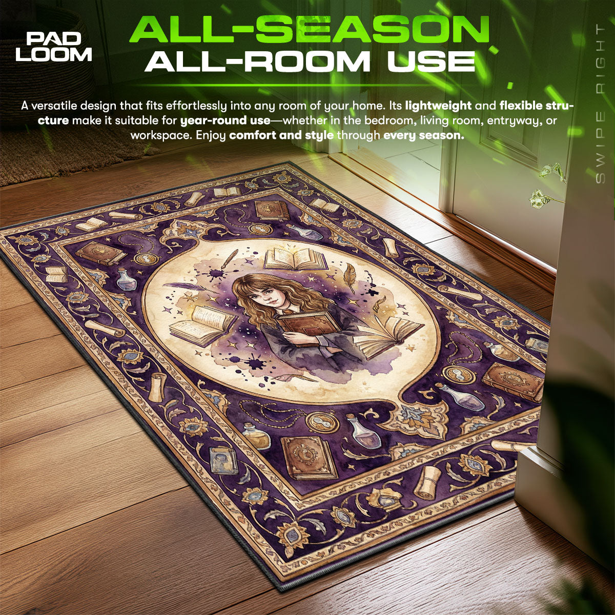 Hermione Granger Magical Library Harry Potter Room fan rug — premium quality print