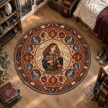 Hermione Spellcasting Harry Potter round rug on a bedroom floor - Harry Potter chair mat