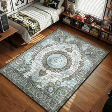 Hi Five Ghost Regular Show area rug with ghostly hands on icy blue cream tapestry