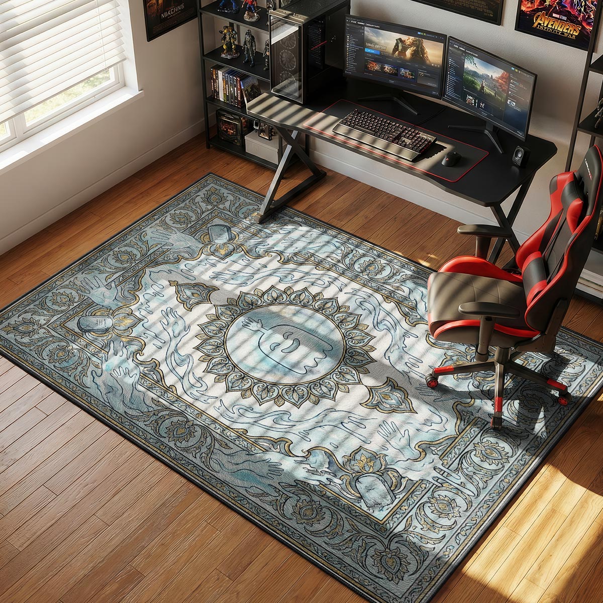Hi Five Ghost rug placed in a bright minimalist bedroom with white bedframe and pale walls