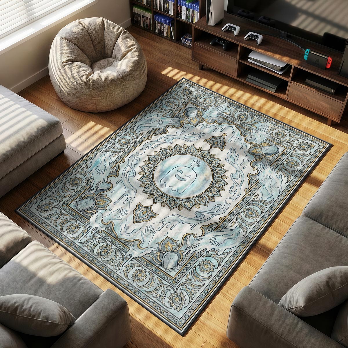 Close-up of Hi Five Ghost area rug showing silver lotus medallion and icy blue velvet texture