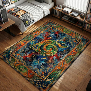 Artistic watercolor Hidden Leaf Village Konoha symbol with gold accents and ninja tool border area rug and floor mat