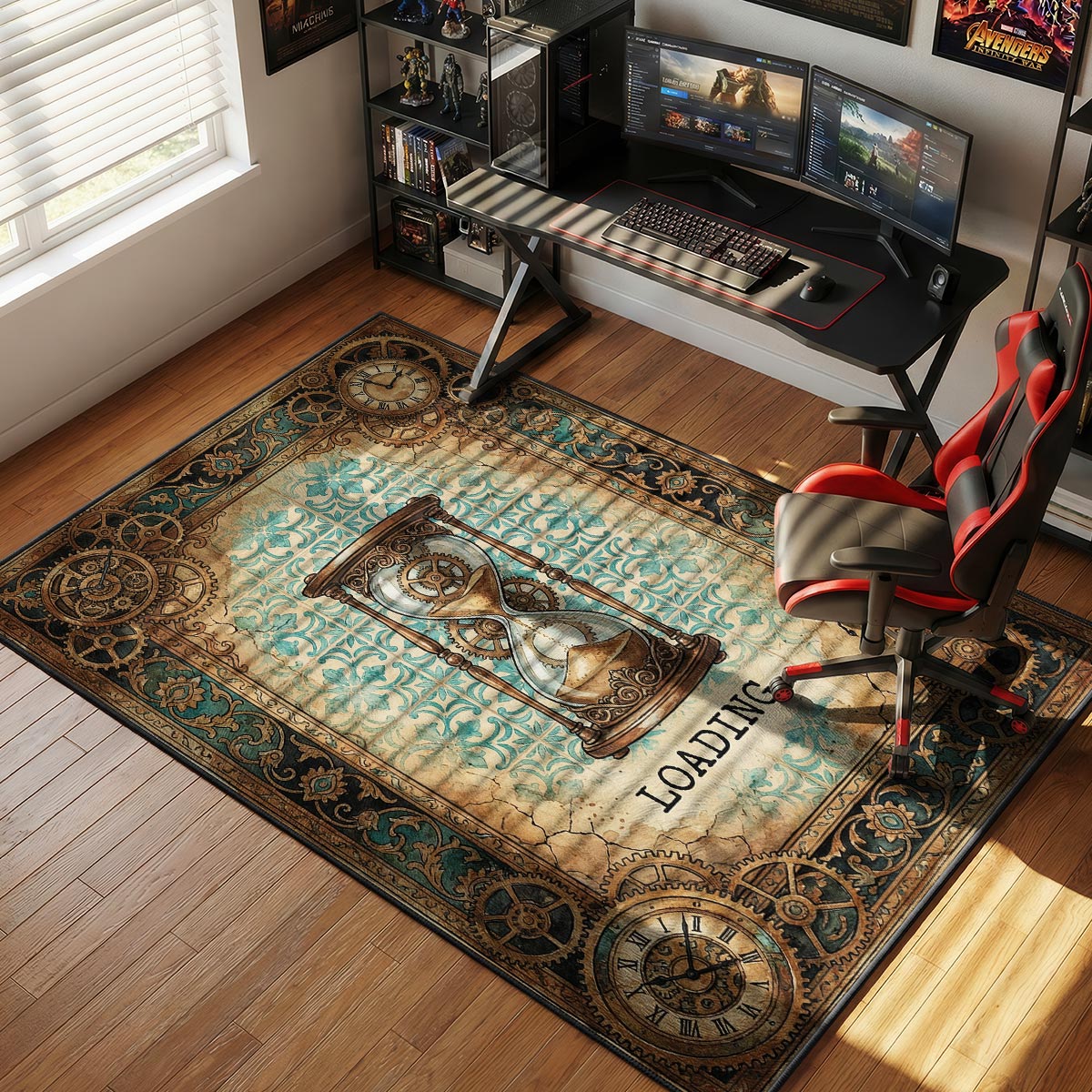 High Score rug placed in an esports gaming room with blue LED lighting and trophy shelf