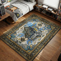 Grey tactical pistol with blue lightning bolts and circuit board patterns gaming area rug and floor mat