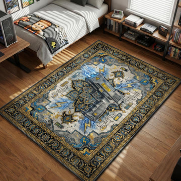 Grey tactical pistol with blue lightning bolts and circuit board patterns gaming area rug and floor mat
