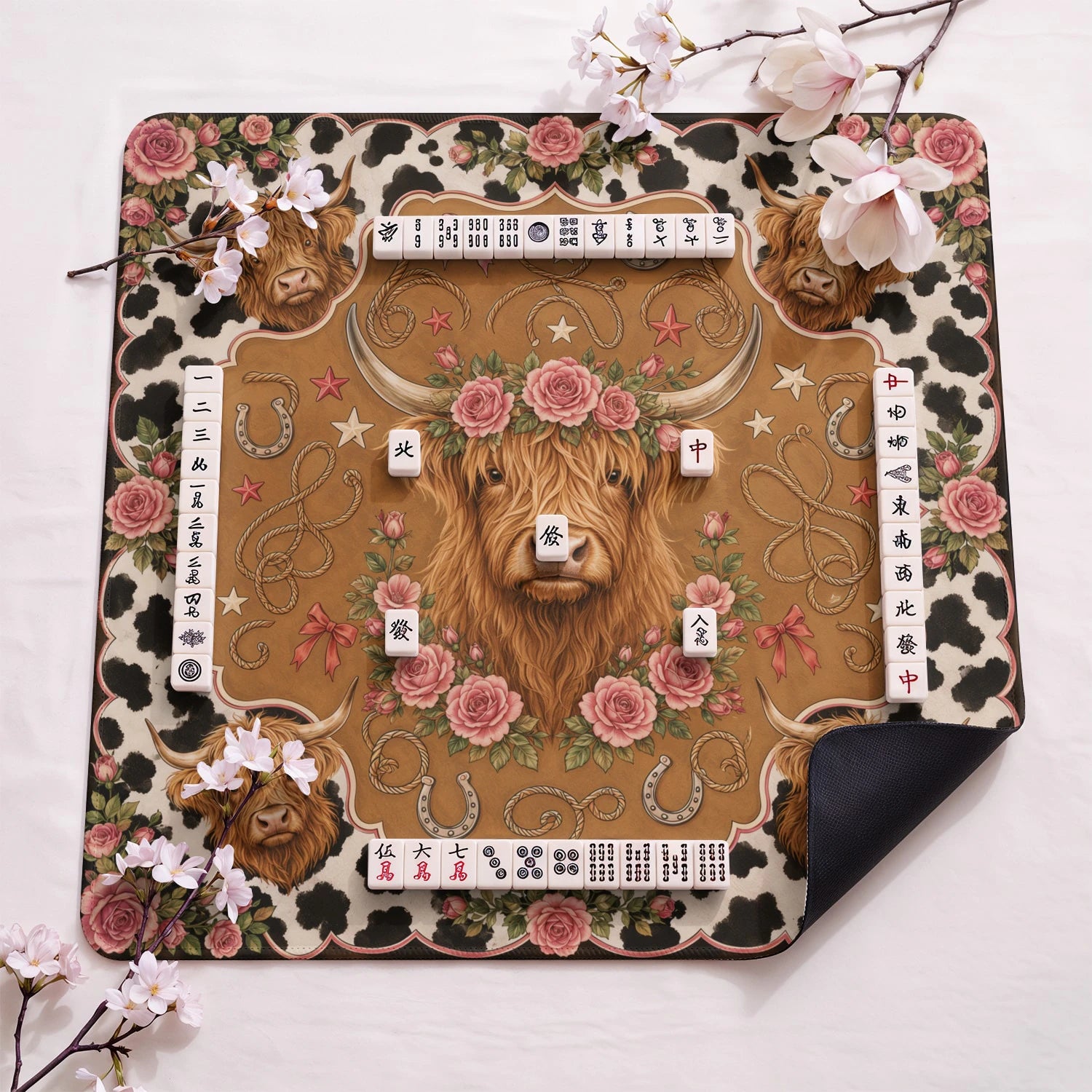 Highland Cow design close-up on mahjong mat surface