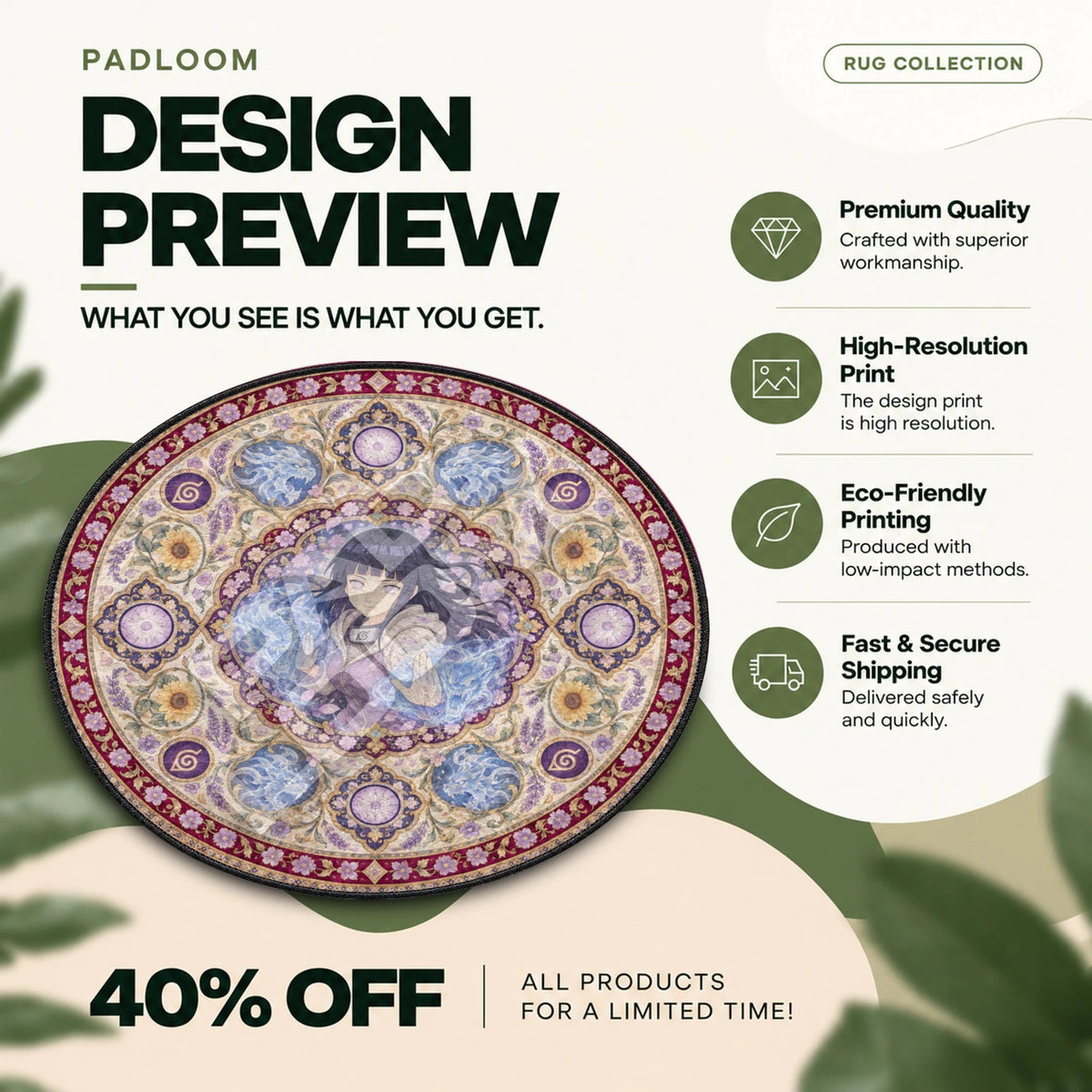 Hinata Chakra Naruto round rug full design preview