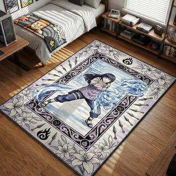 Hinata Hyuga performing Gentle Step Twin Lion Fists in a vintage floral scroll art style rug design with lavender lilies and kunai borders.