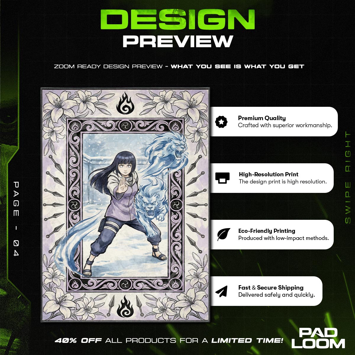 Hinata Hyuga Twin Lion Fists Rug - Naruto Shippuden Chair Mat